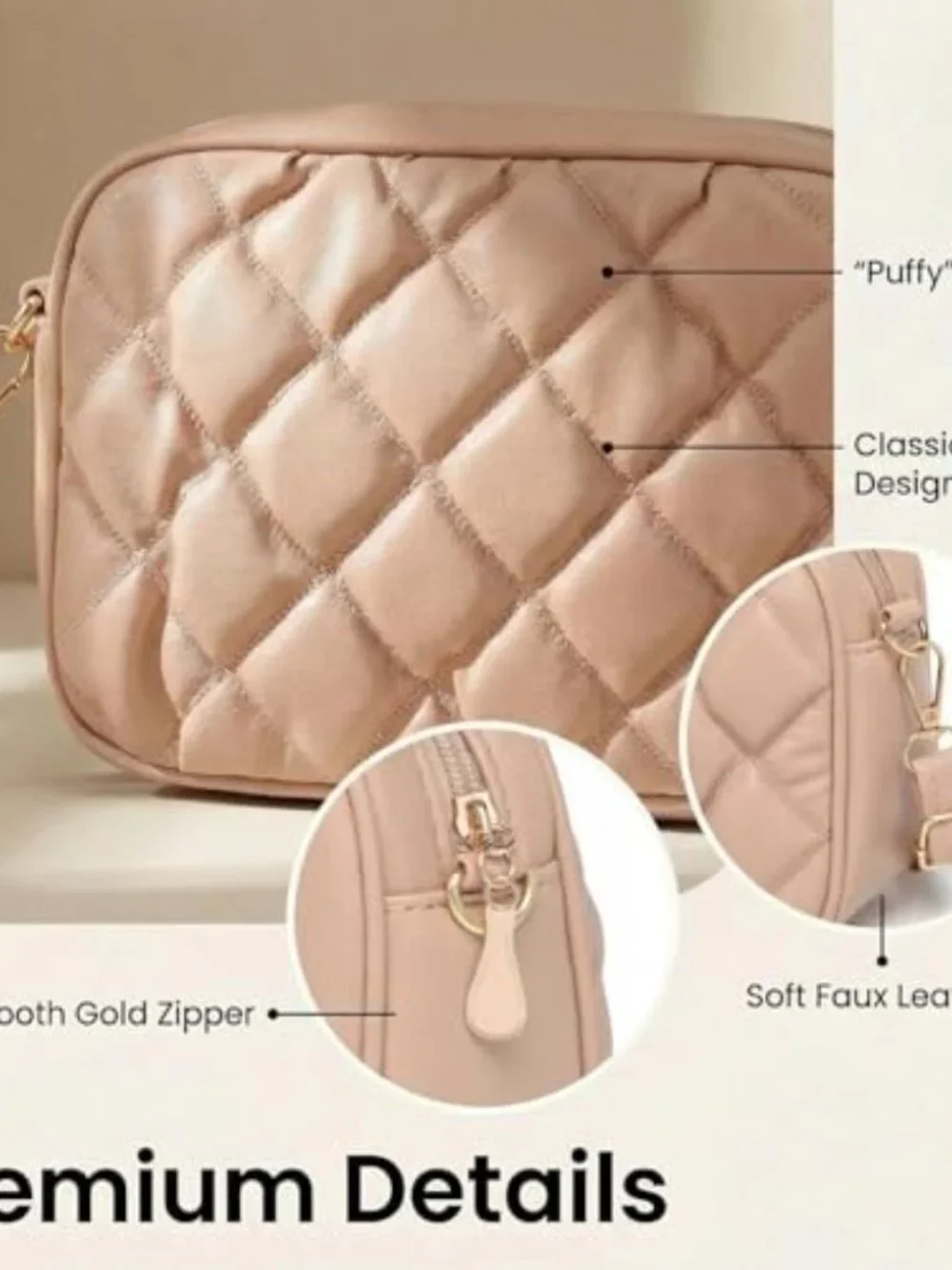 Quilted Faux Leather Crossbody Bag with Adjustable Strap and Zip Pockets